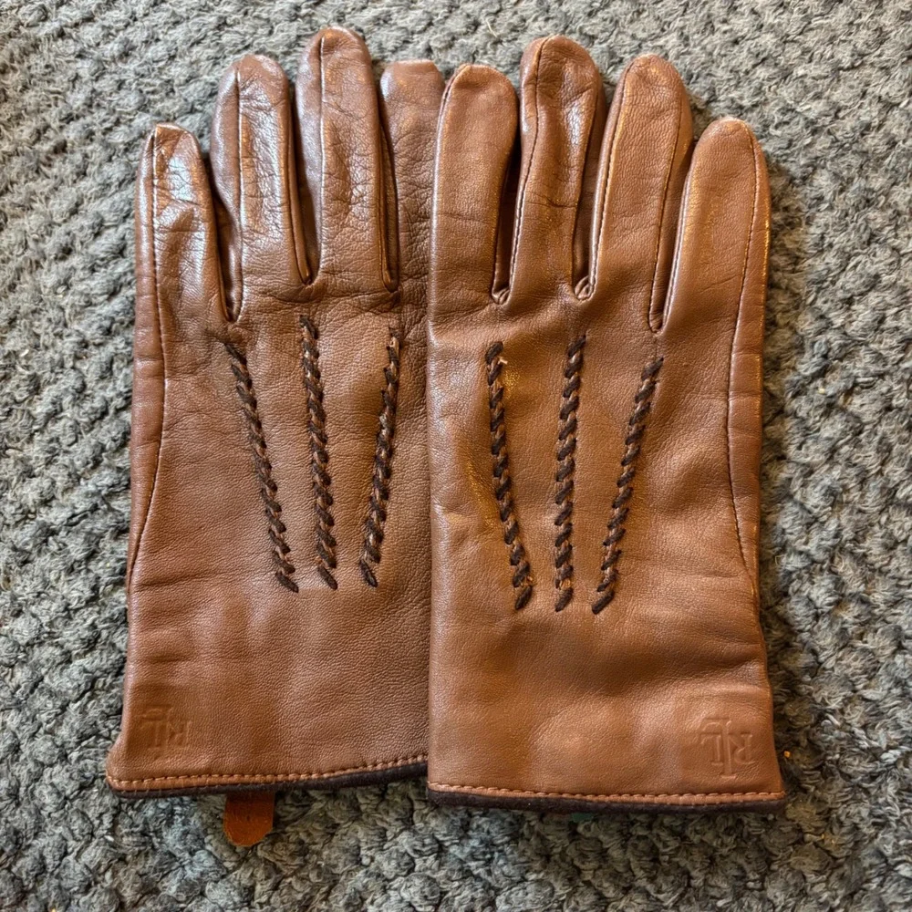 Lauren Ralph Lauren Womens Brown Leather Whipstitch Gloves RL Logo Cognac